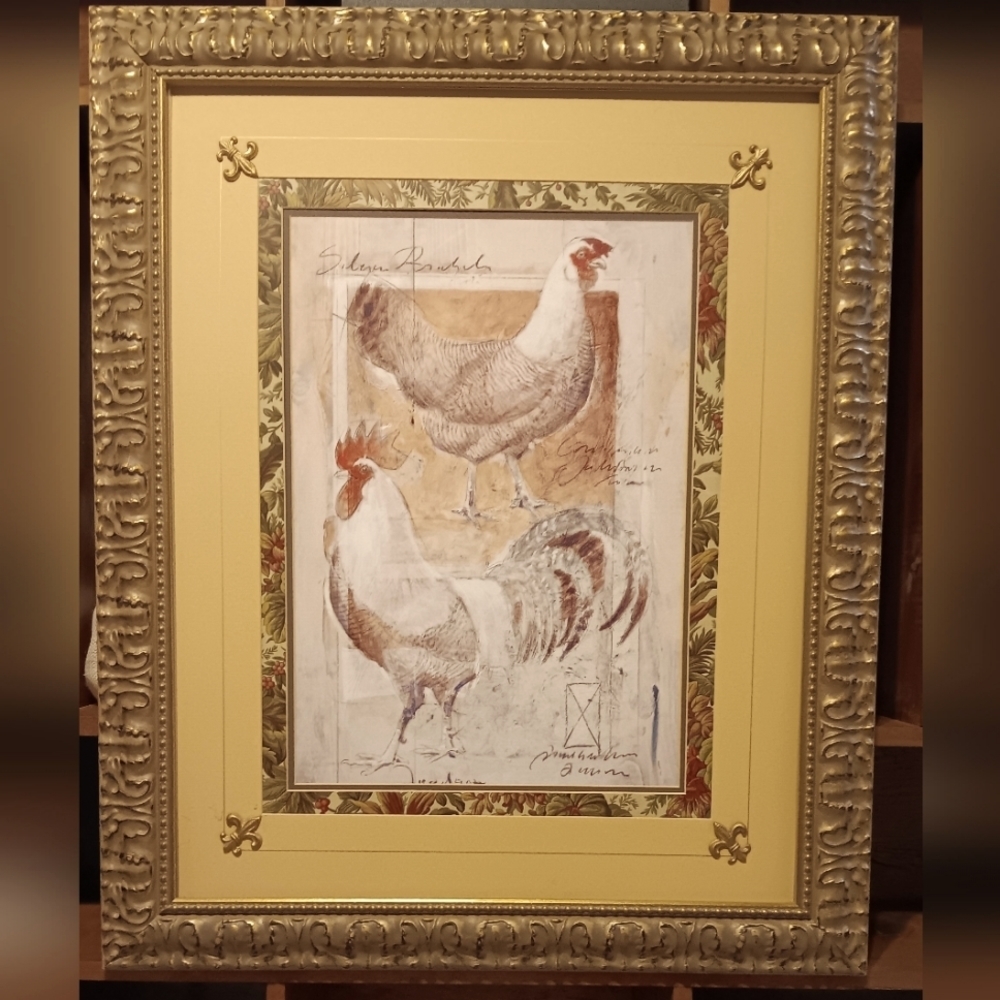 Rooster and Hen picture with antique frame